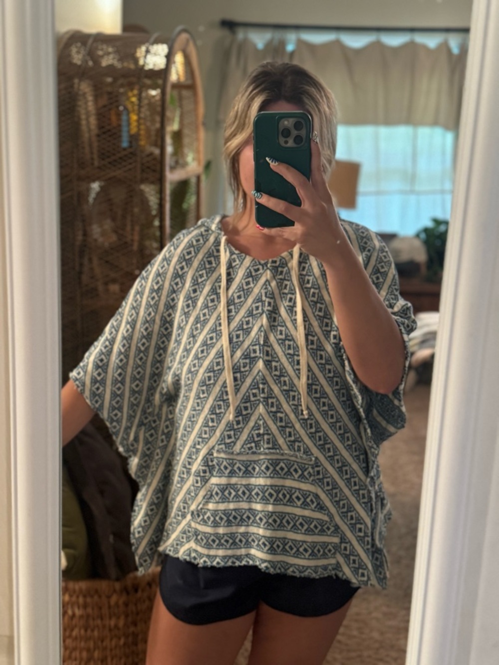 Elan Blue and Cream Boxy Geometric Knit Hooded Top